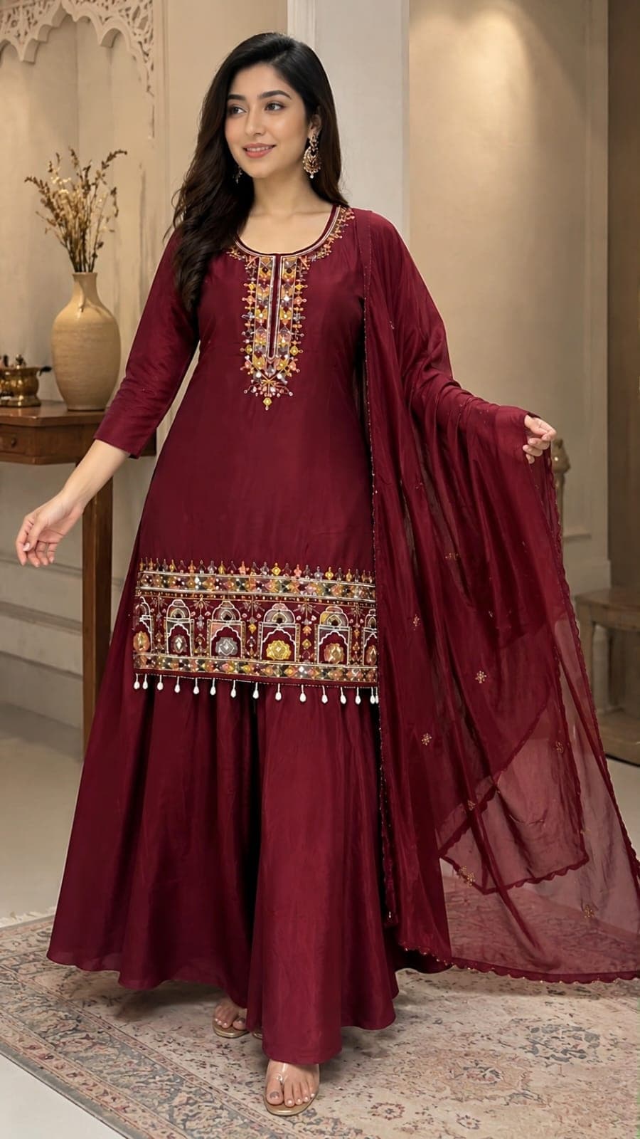 Women Ethnic Motif Embroidered Chinon Kurta Set with Palazzos and Dupatta 