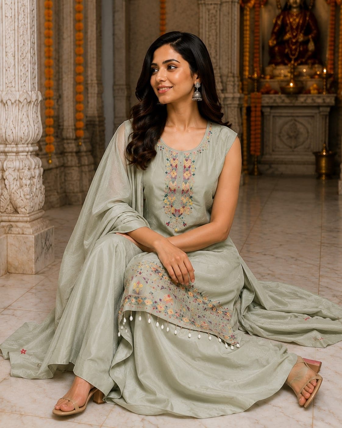 Women Ethnic Motif Embroidered Chinon Kurta Set with Palazzos and Dupatta 