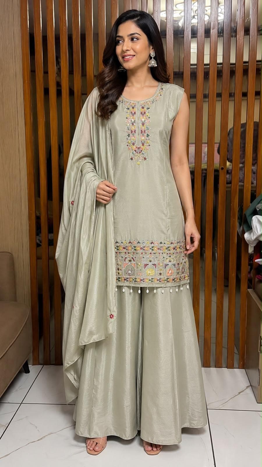 Women Ethnic Motif Embroidered Chinon Kurta Set with Palazzos and Dupatta 
