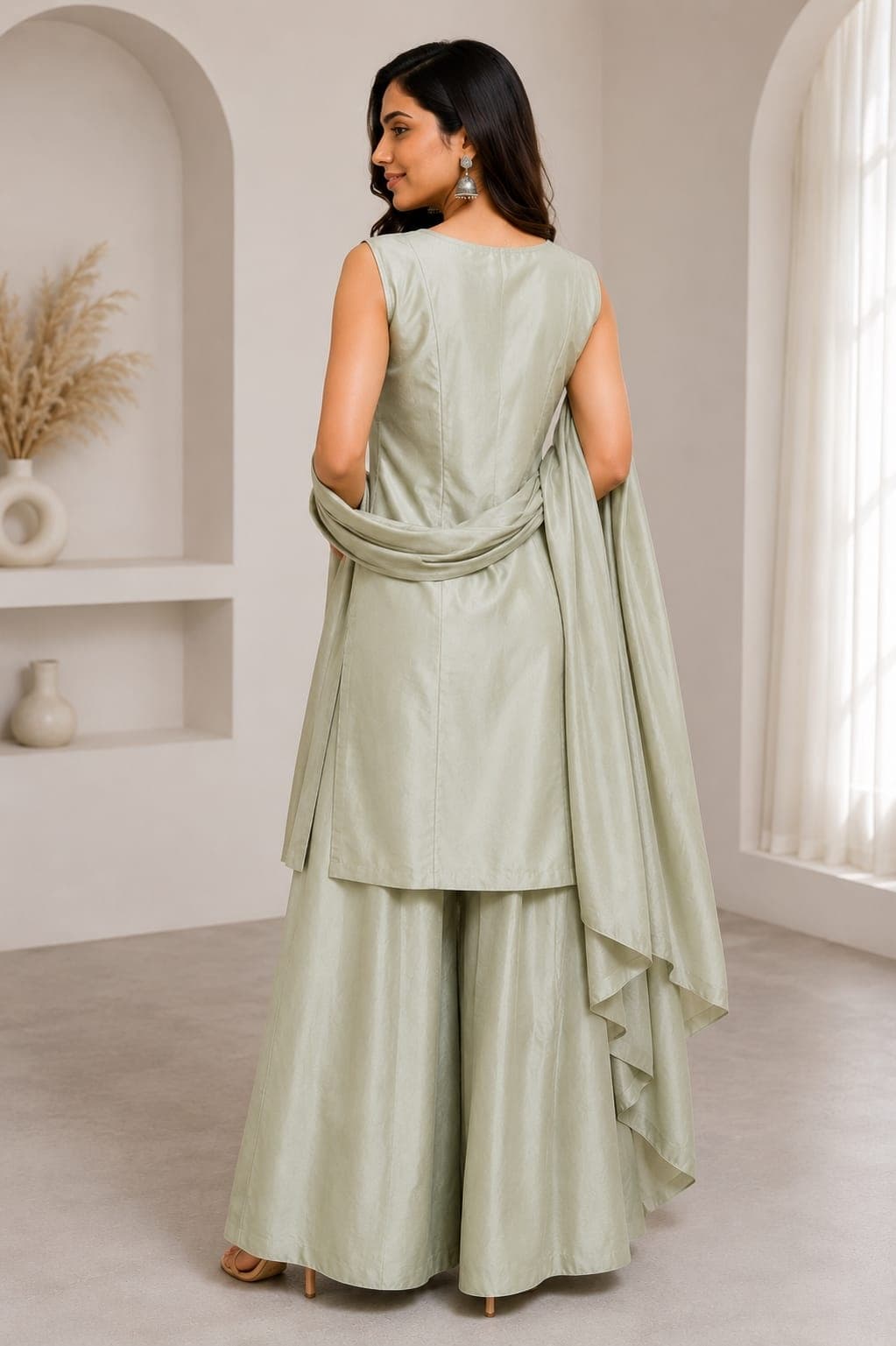 Women Ethnic Motif Embroidered Chinon Kurta Set with Palazzos and Dupatta 