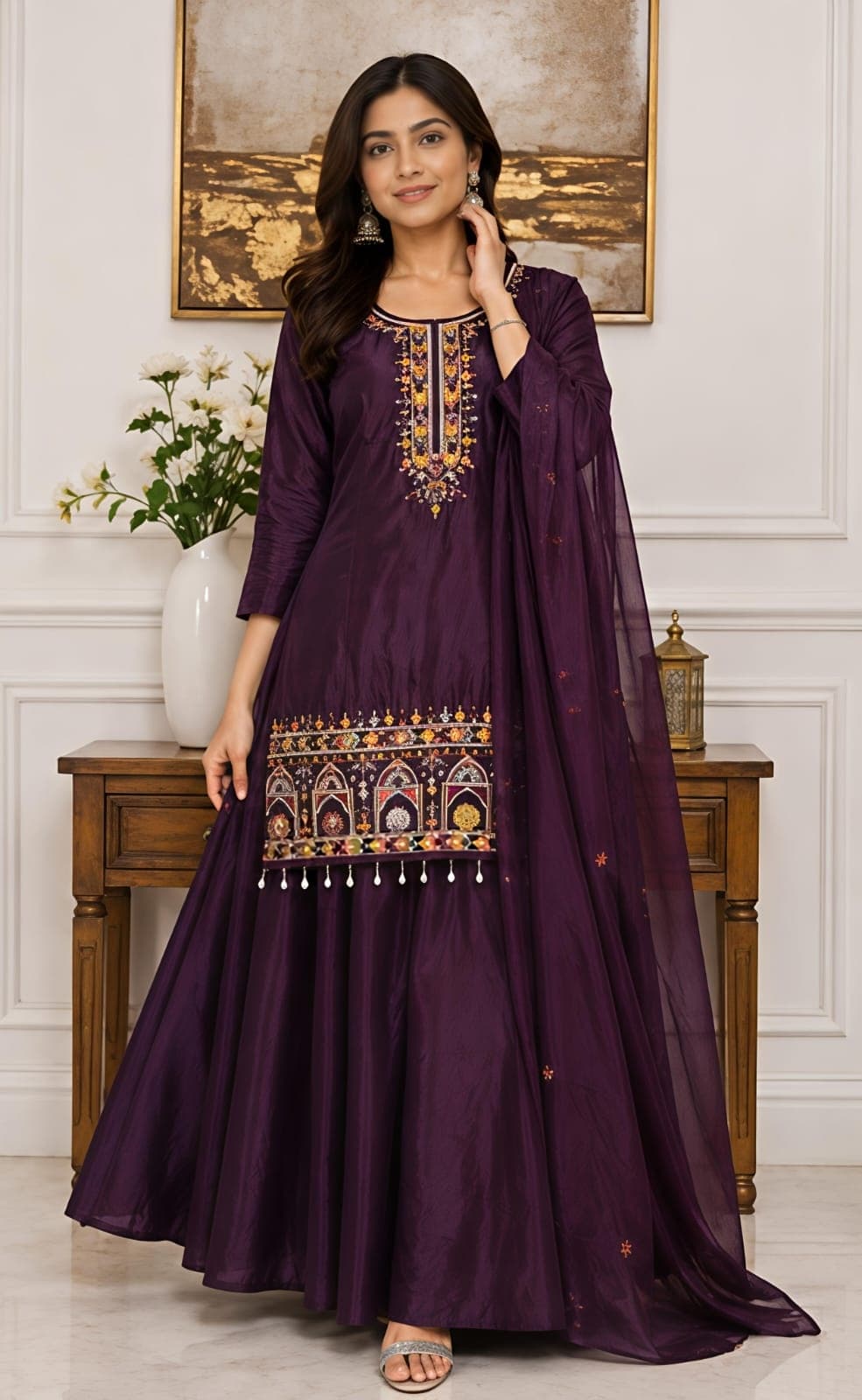 Women Ethnic Motif Embroidered Chinon Kurta Set with Palazzos and Dupatta 