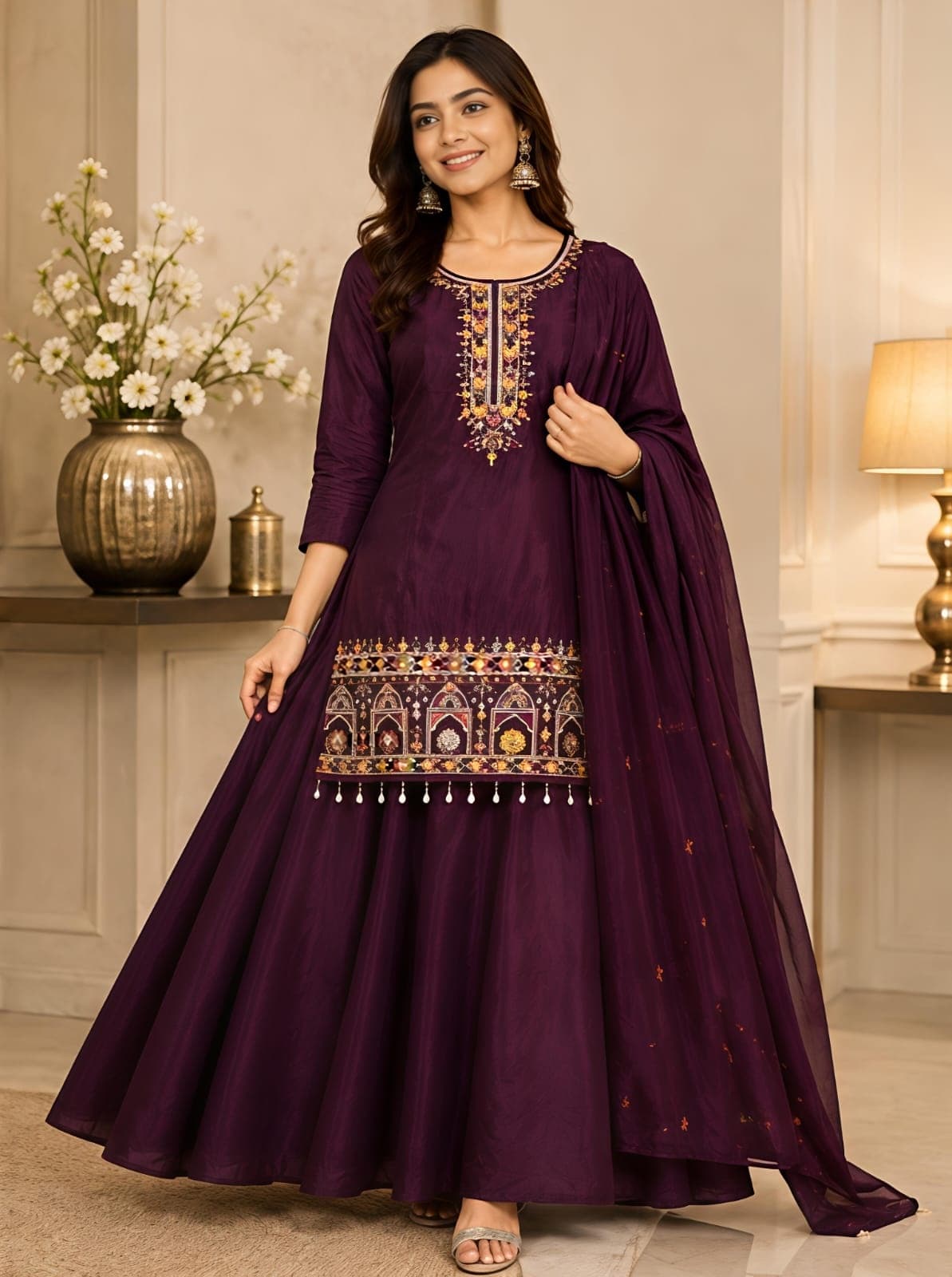 Women Ethnic Motif Embroidered Chinon Kurta Set with Palazzos and Dupatta 