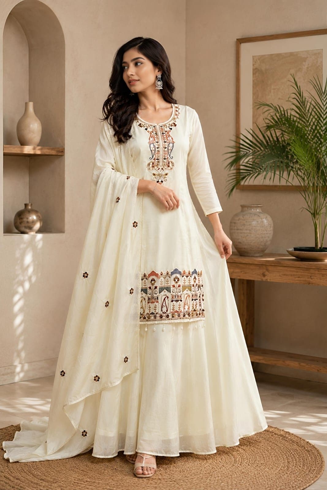 Women Ethnic Motif Embroidered Chinon Kurta Set with Palazzos and Dupatta 