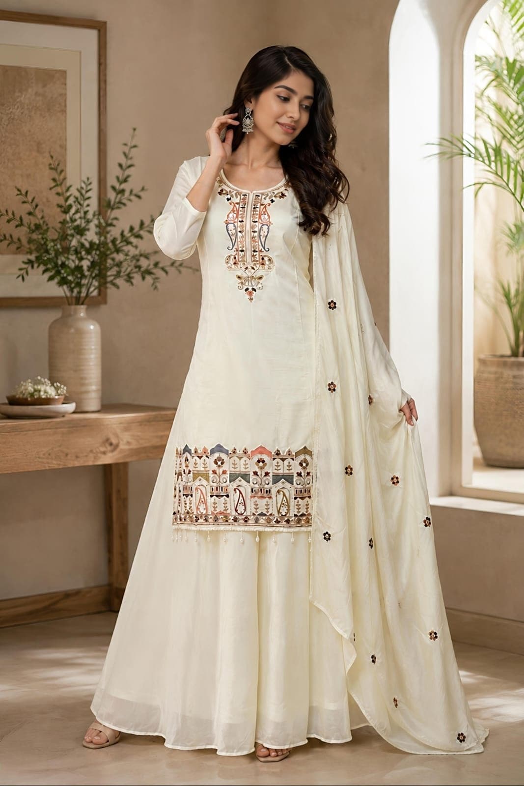 Women Ethnic Motif Embroidered Chinon Kurta Set with Palazzos and Dupatta 
