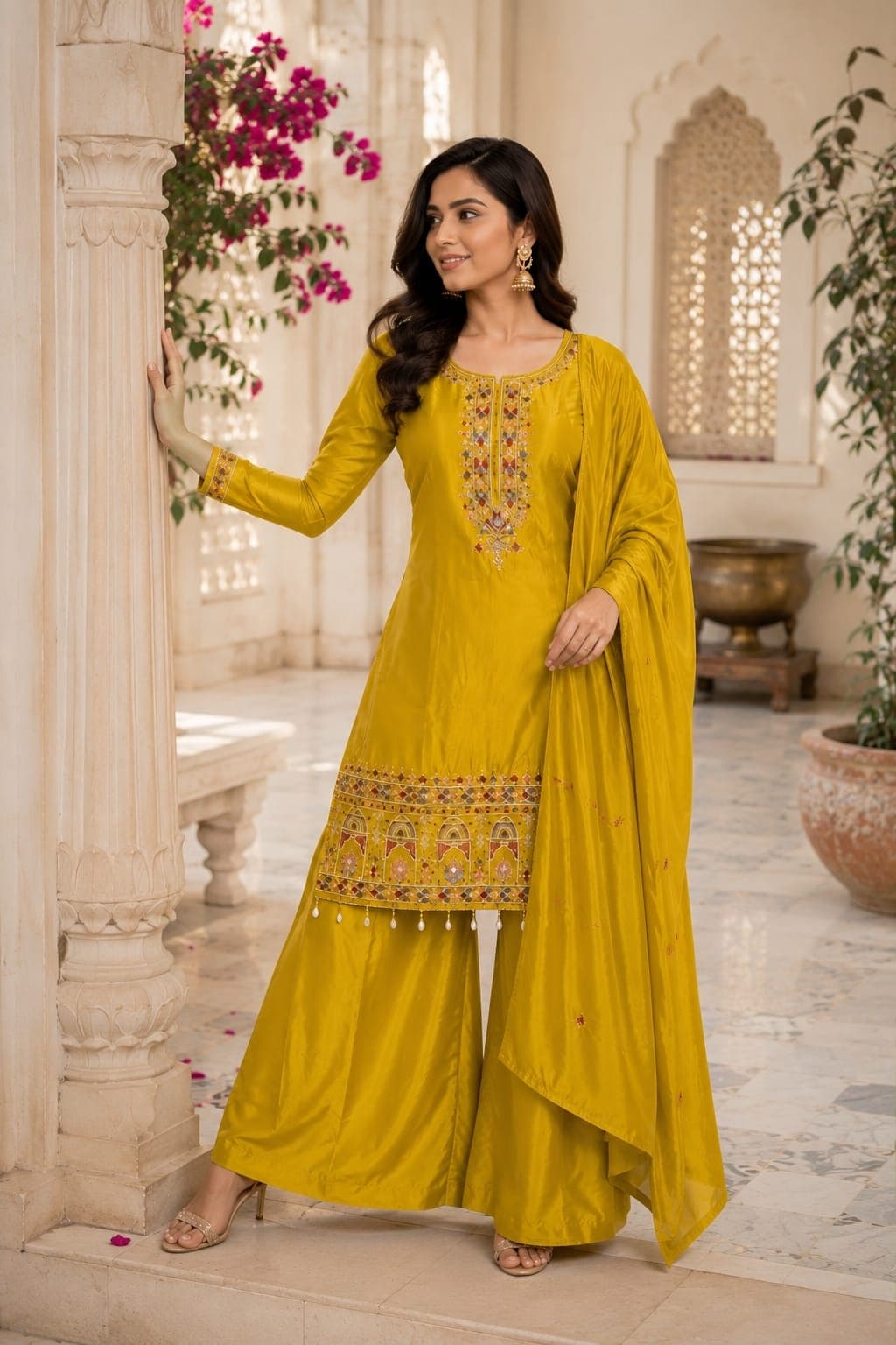 Women Ethnic Motif Embroidered Chinon Kurta Set with Palazzos and Dupatta 