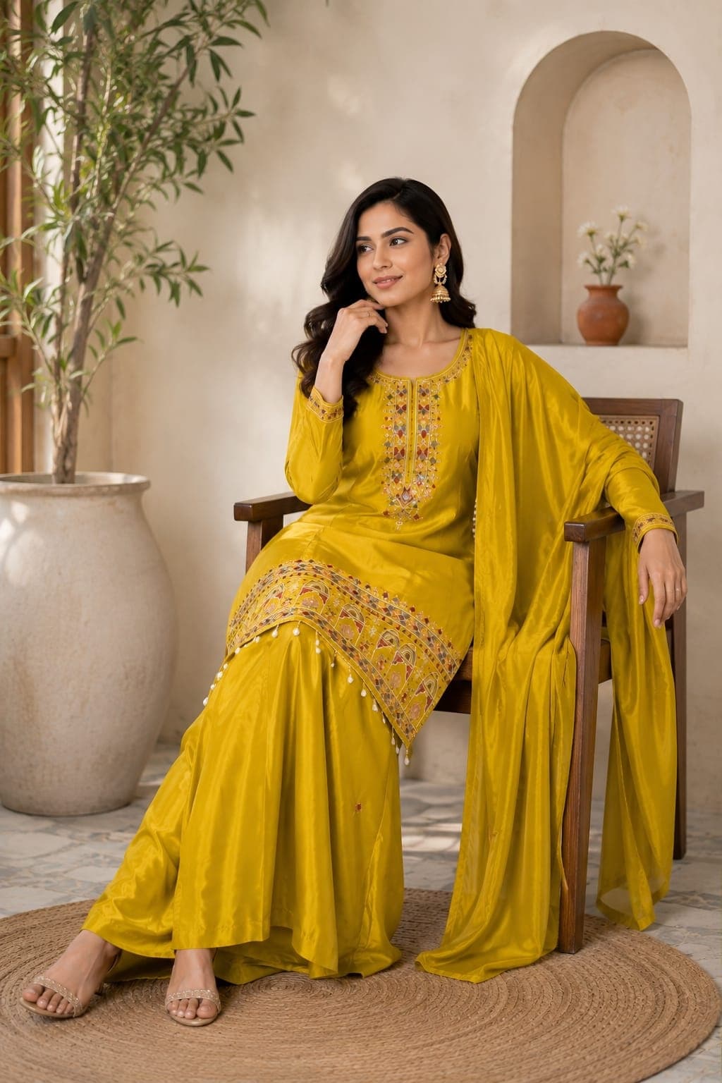 Women Ethnic Motif Embroidered Chinon Kurta Set with Palazzos and Dupatta 