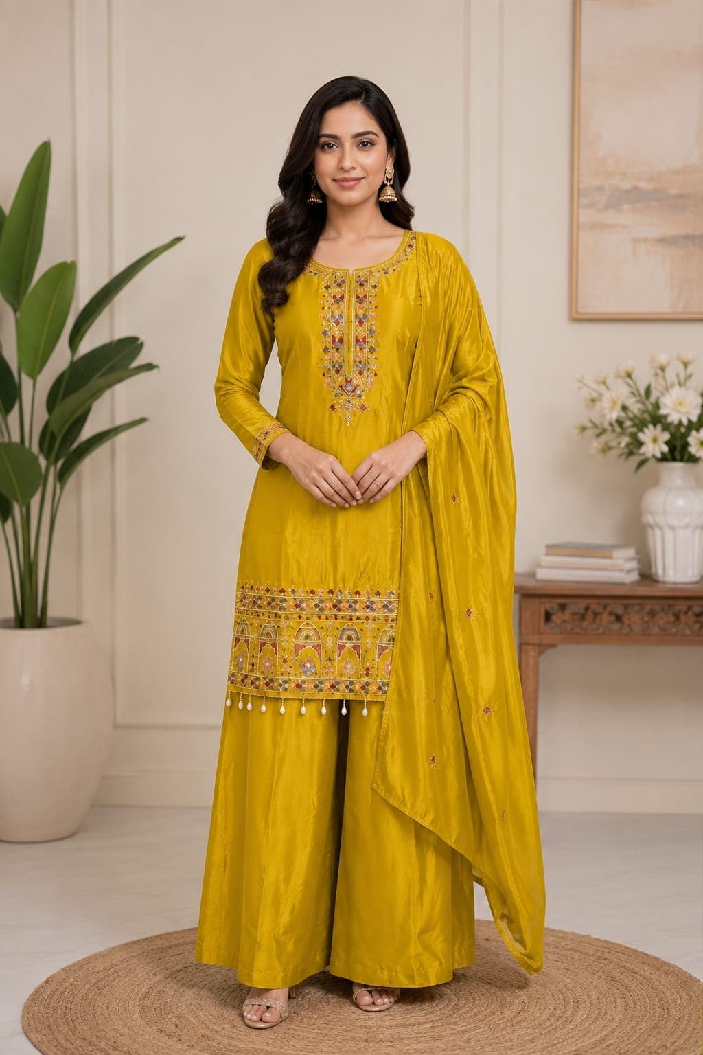 Women Ethnic Motif Embroidered Chinon Kurta Set with Palazzos and Dupatta 